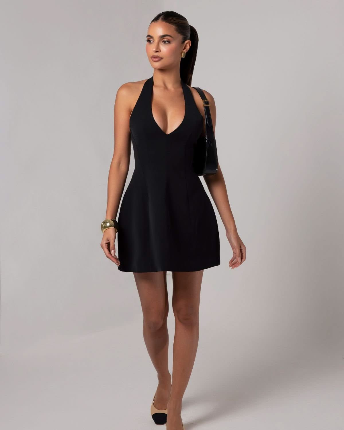 Black a-line plunging neckline flare mini dress