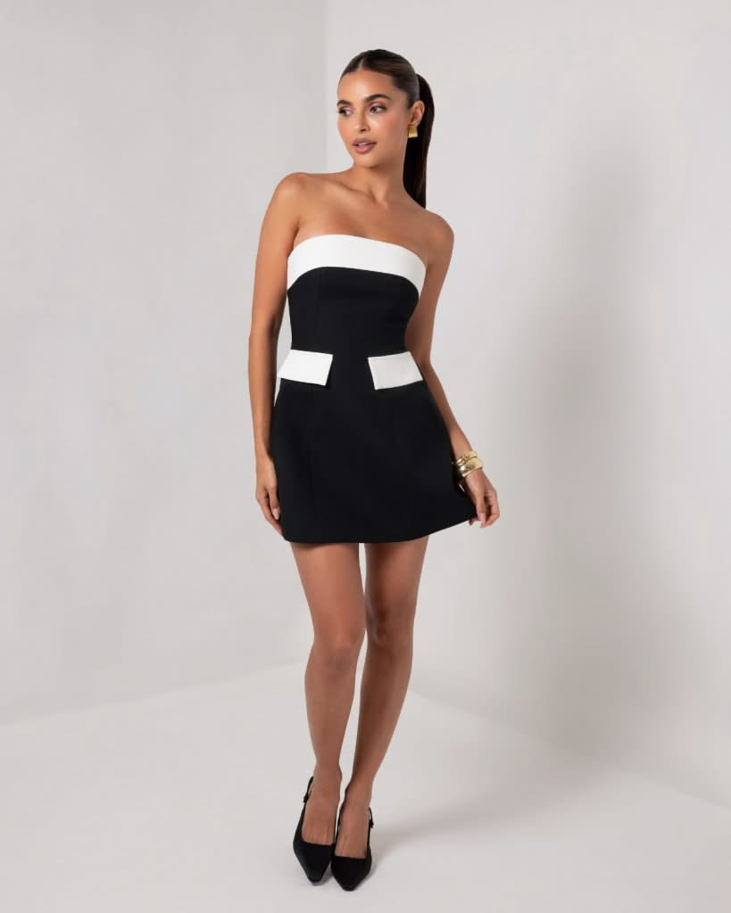 Black and white strapless a-line pocket mini dress