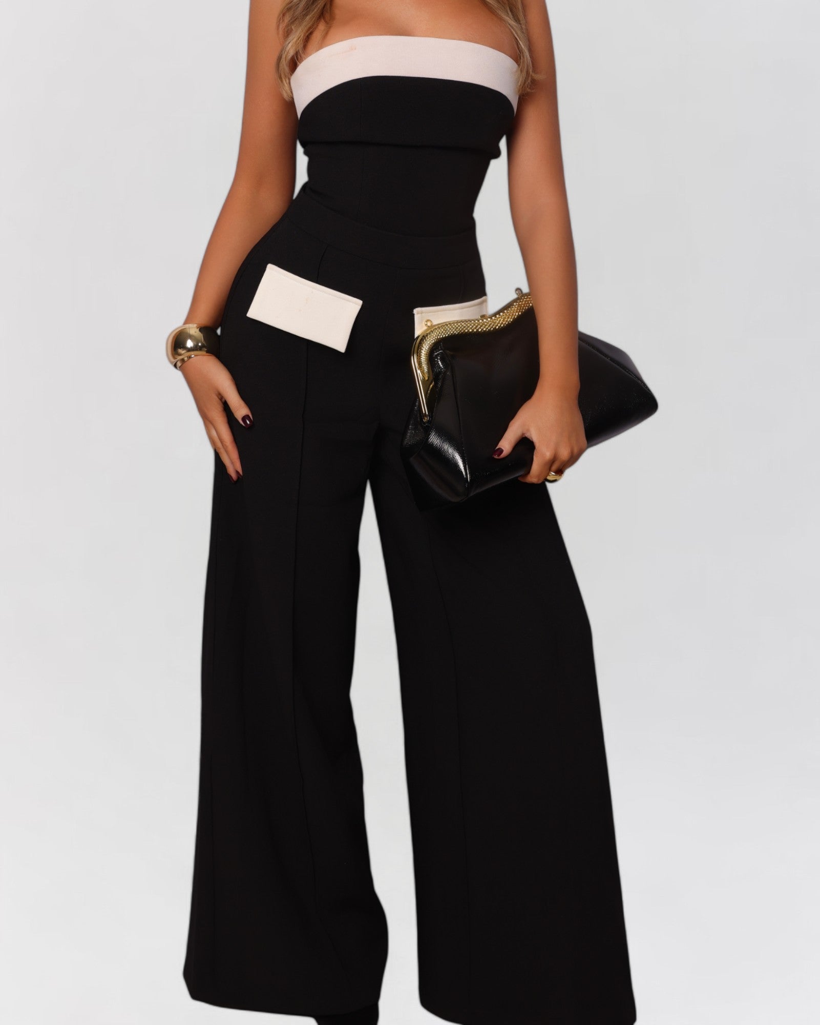 Black and white strapless pocket pants
