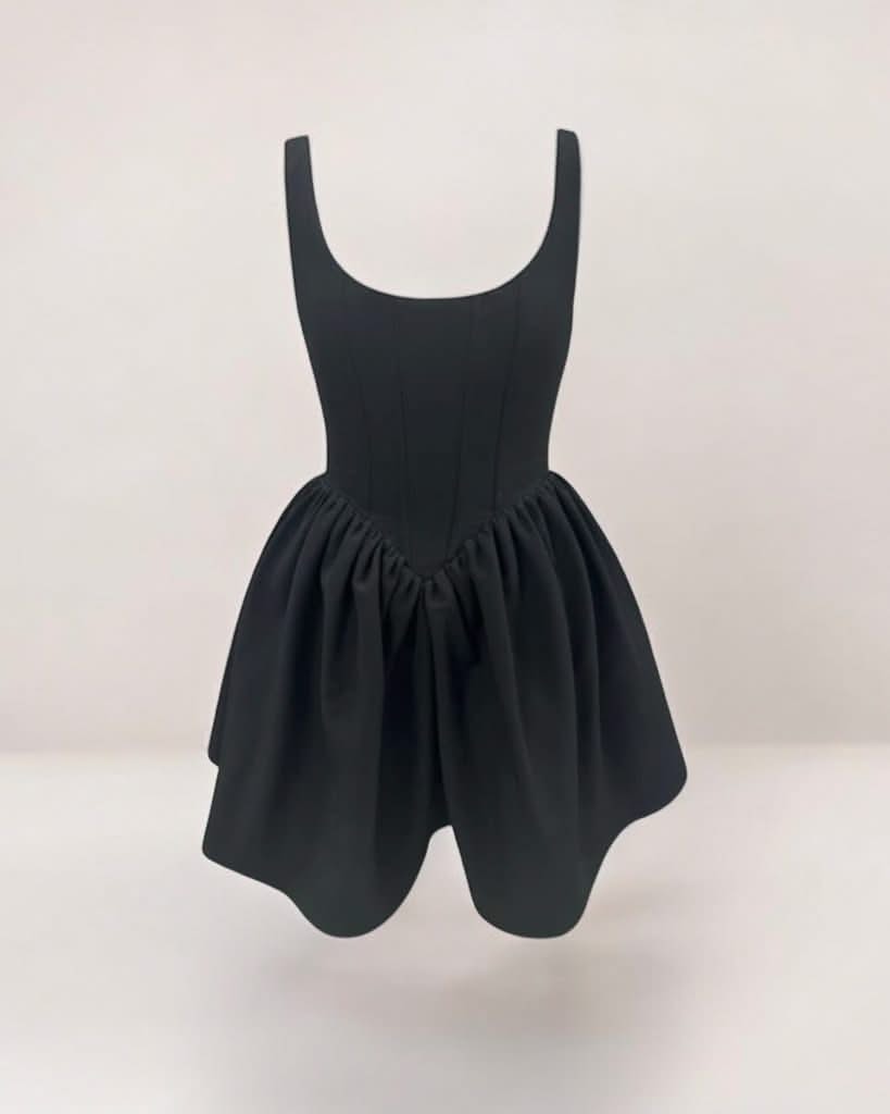Black corset flared a-line crepe mini dress