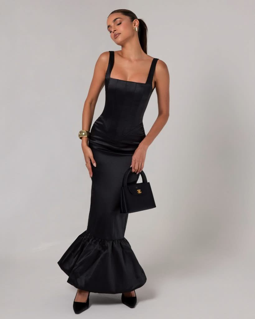 Black corset sheen maxi bubble dress