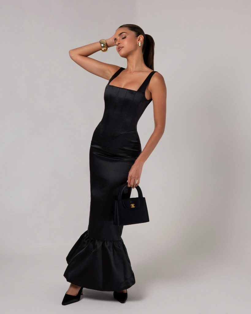 Black corset sheen maxi bubble dress