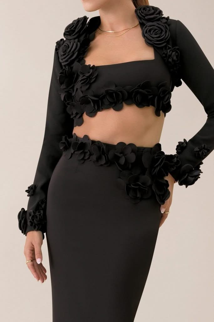 Black crepe flower embellished bolero