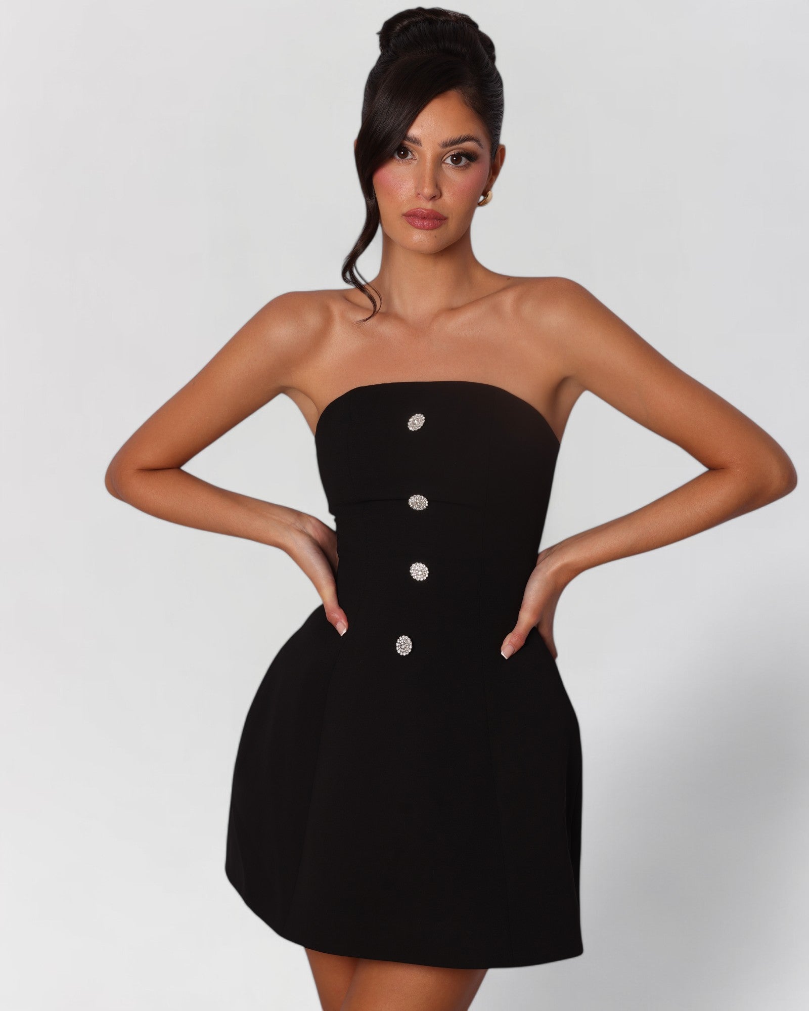 Black crystal button a-line mini dress