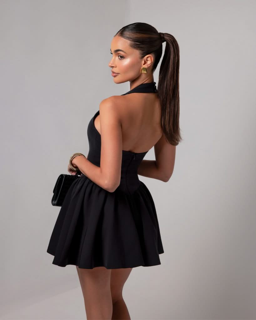 Black halter contour a-line mini dress