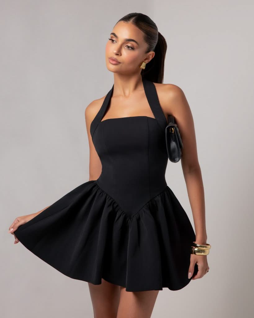 Black halter contour a-line mini dress