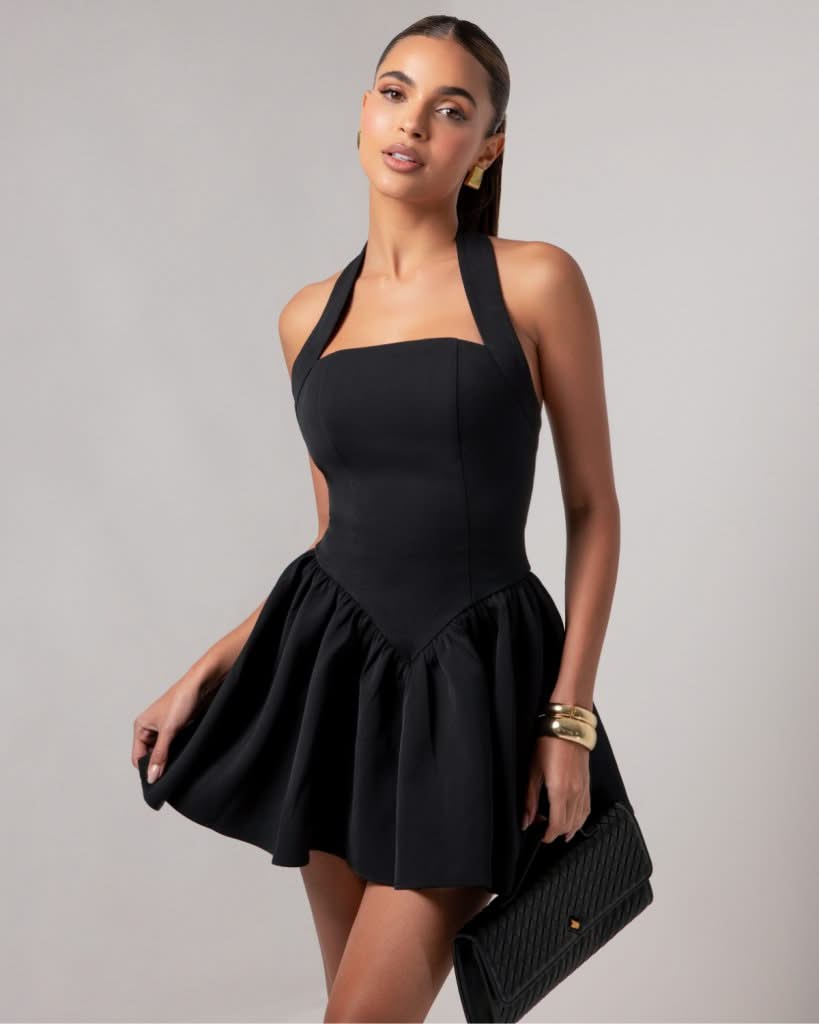 Black halter contour a-line mini dress