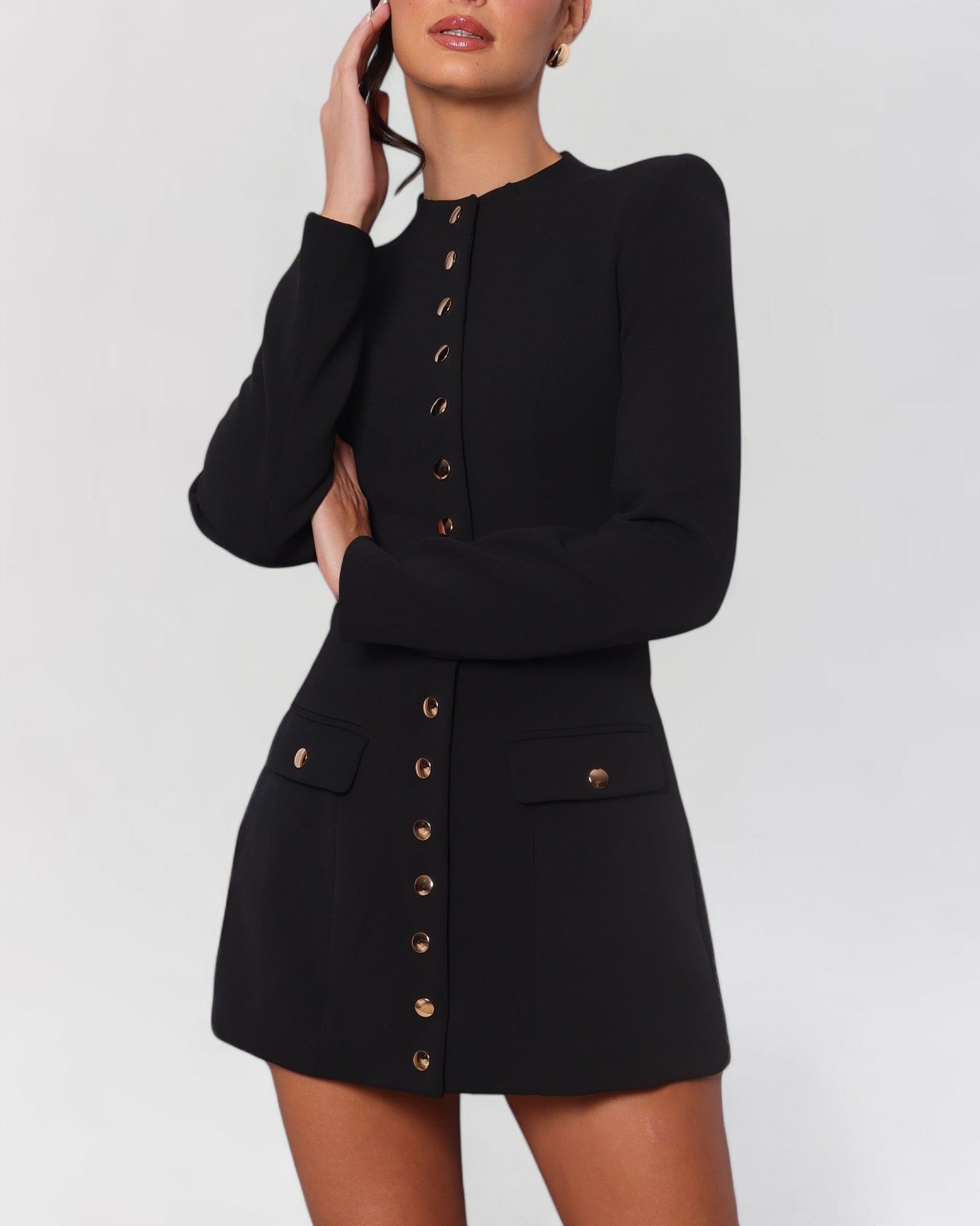 Black long sleeve gold button down blazer mini dress