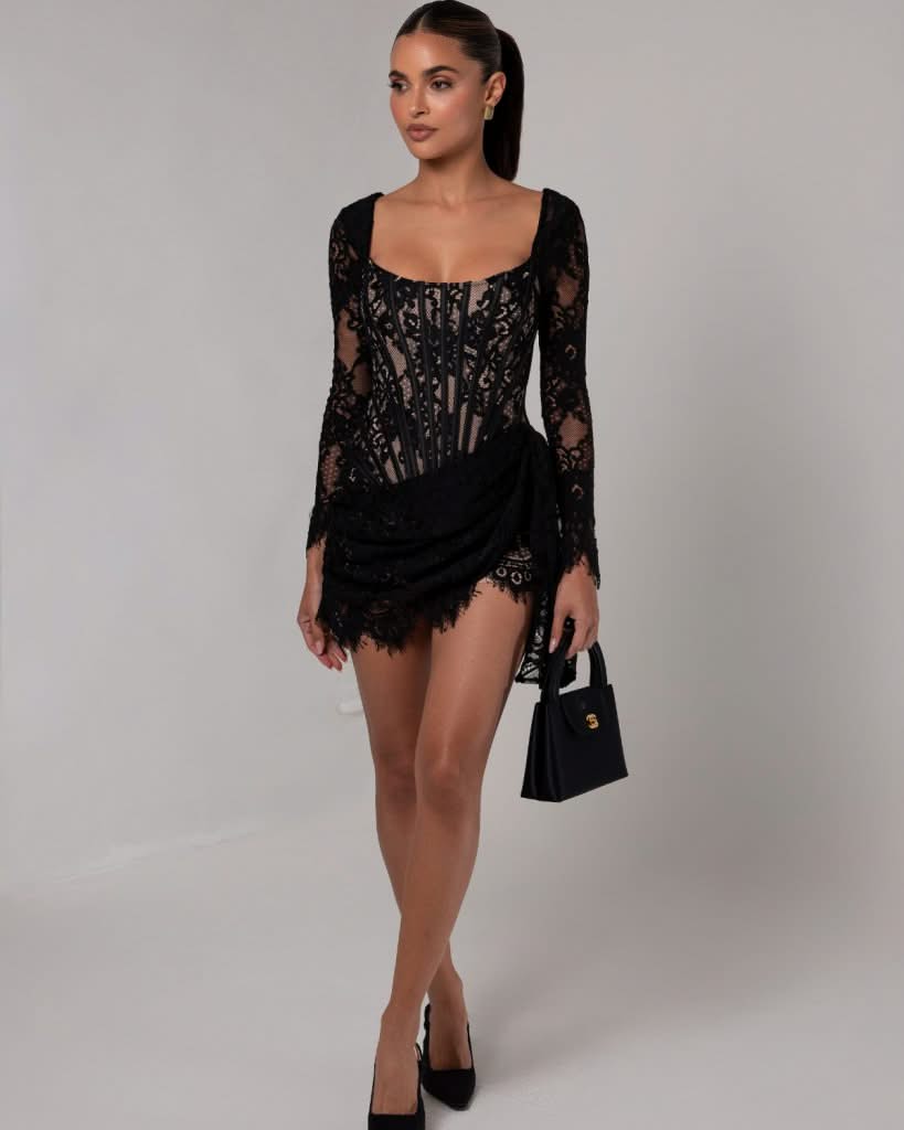 Black long sleeve lace corset draped mini dress