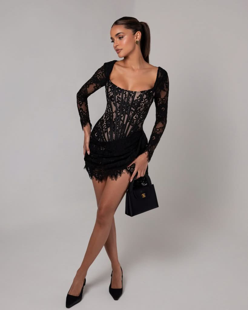 Black long sleeve lace corset draped mini dress