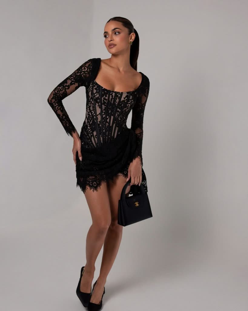 Black long sleeve lace corset draped mini dress