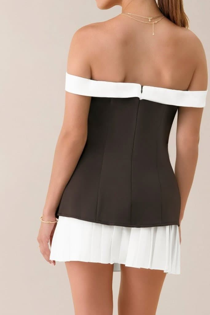 Black off shoulder a-line pleated flower mini dress