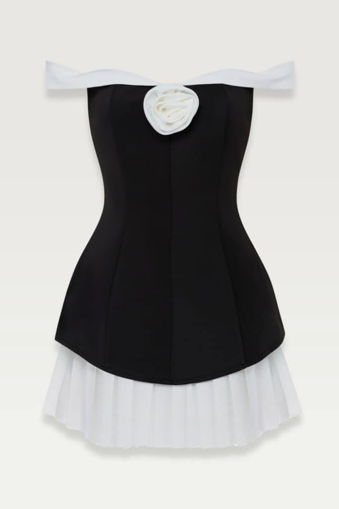 Black off shoulder a-line pleated flower mini dress