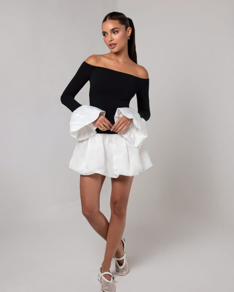 Black off the shoulder white puff sleeve mini dress
