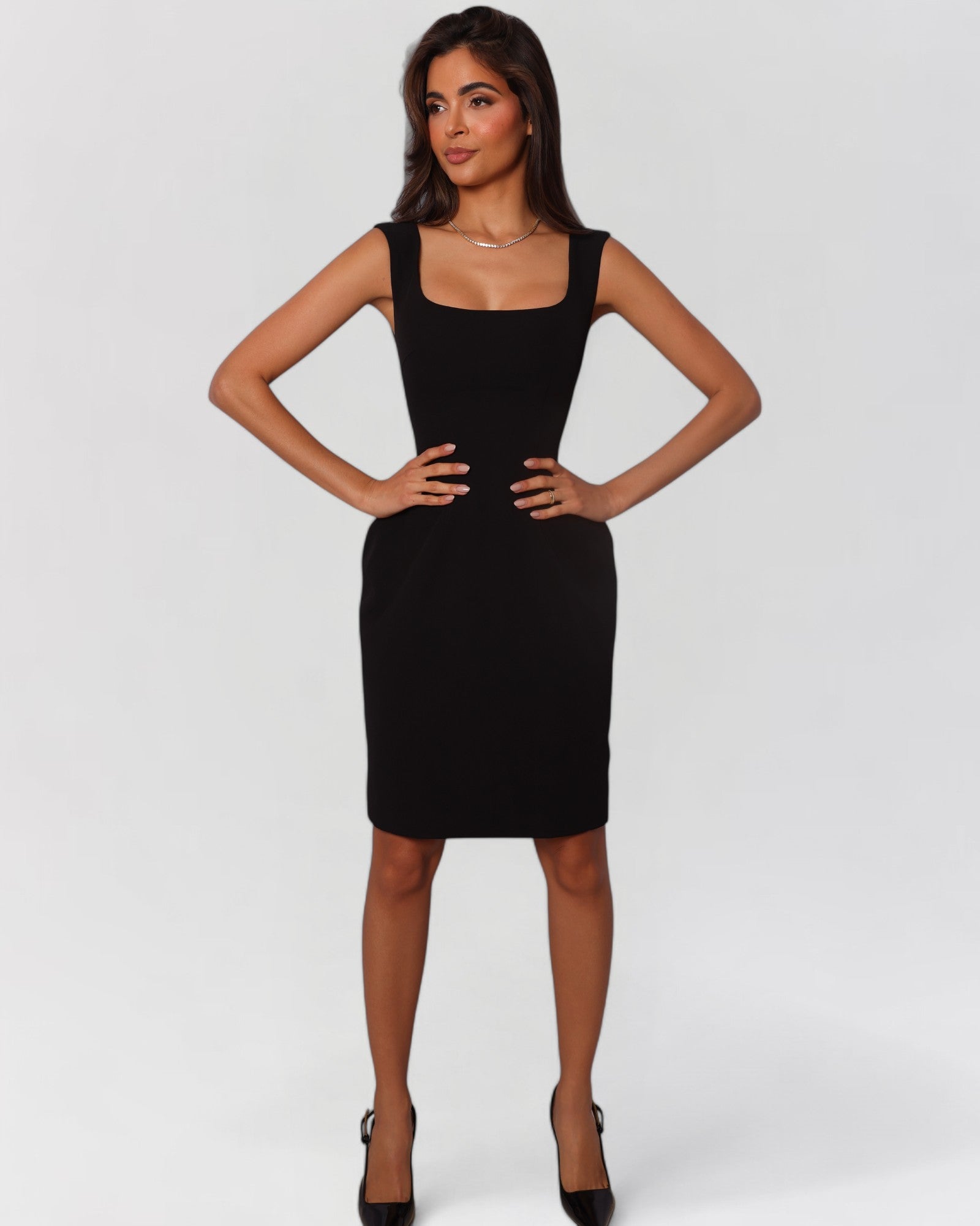 Black scoop neck a-line midi dress