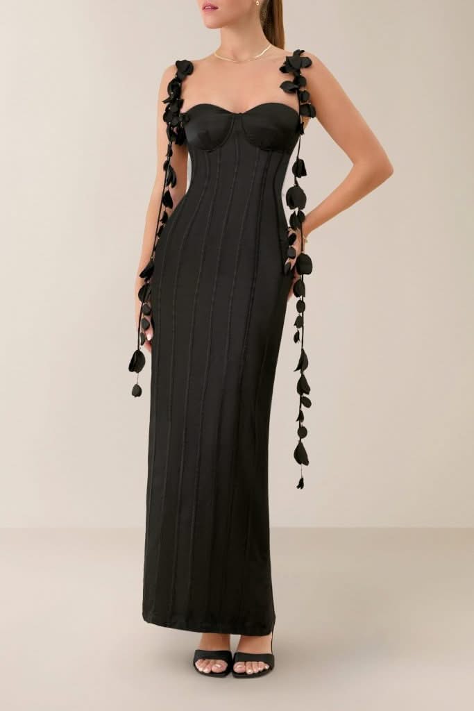Black silk petal maxi dress