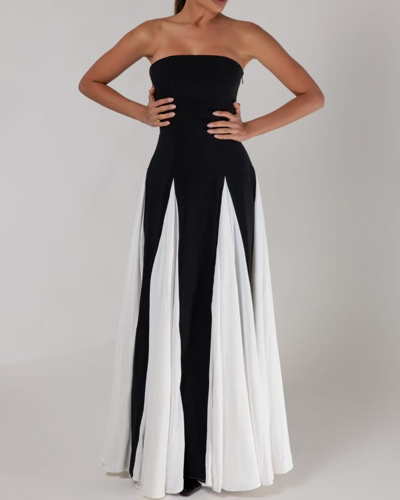 Black strapless colorblock pleated maxi dress