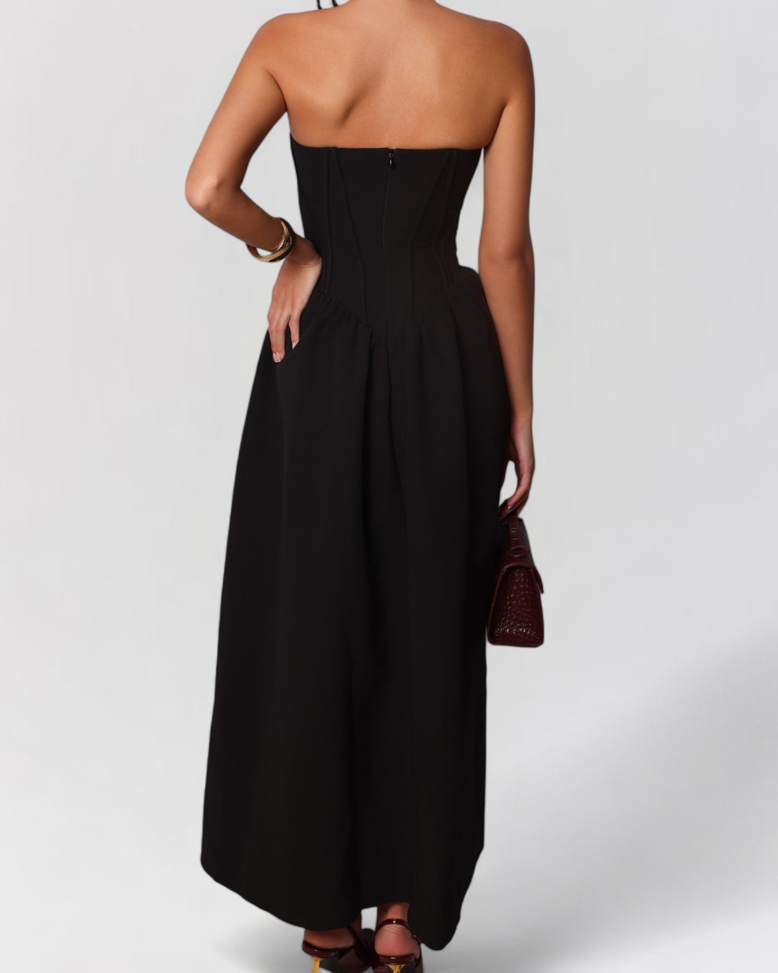 Black strapless corset cotton poplin maxi dress