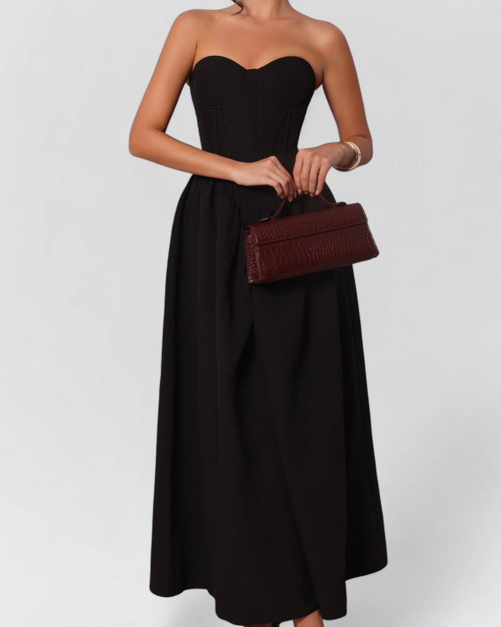Black strapless corset cotton poplin maxi dress