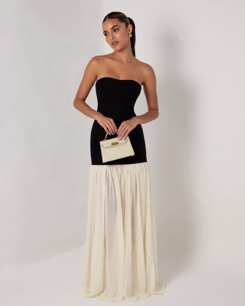 Black strapless cream chiffon maxi dress