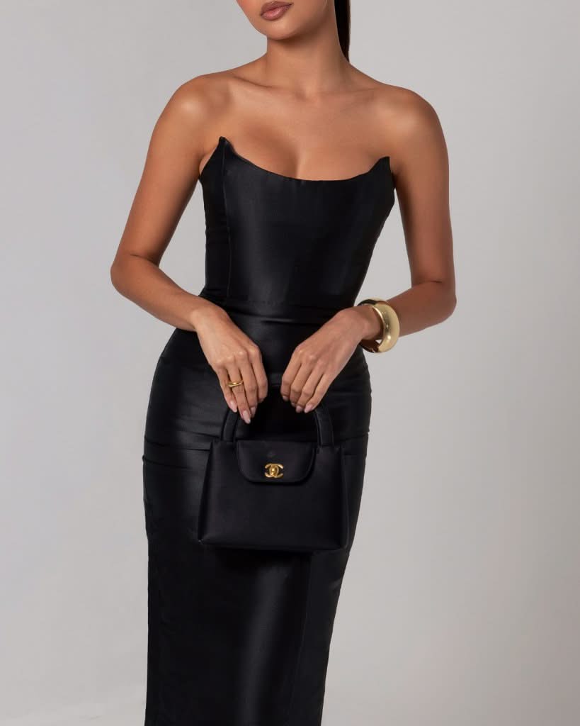 Black strapless sheen corset midi dress