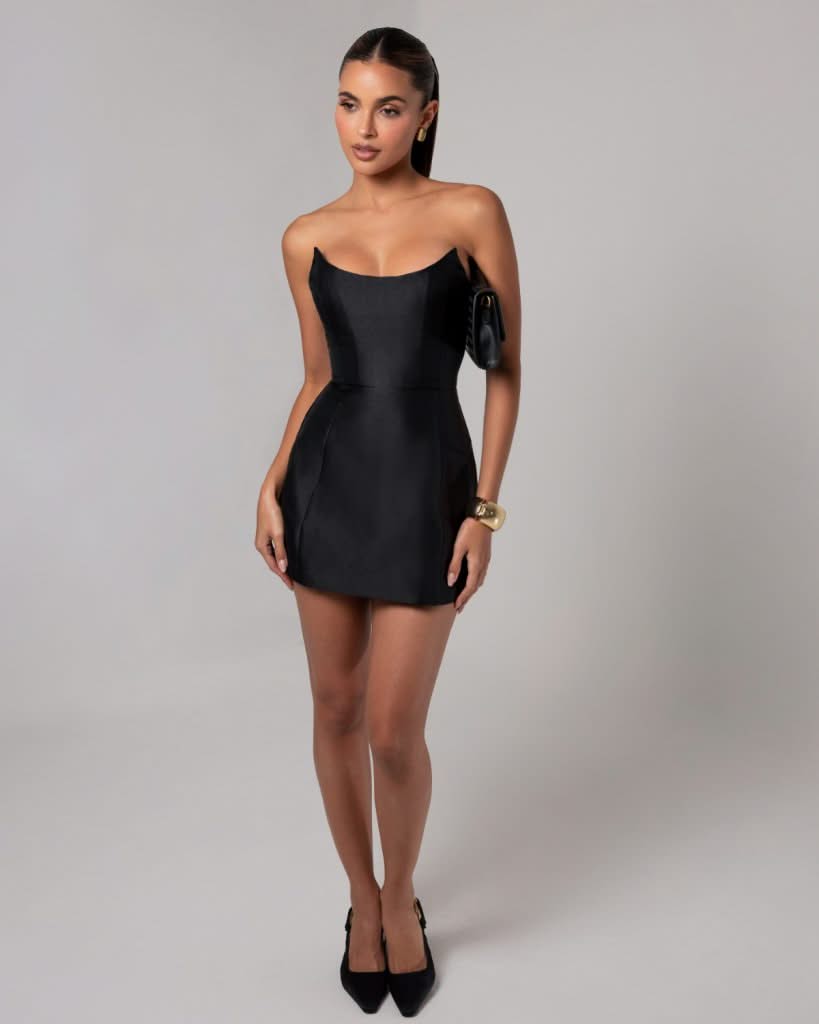 Black strapless sheen corset mini dress