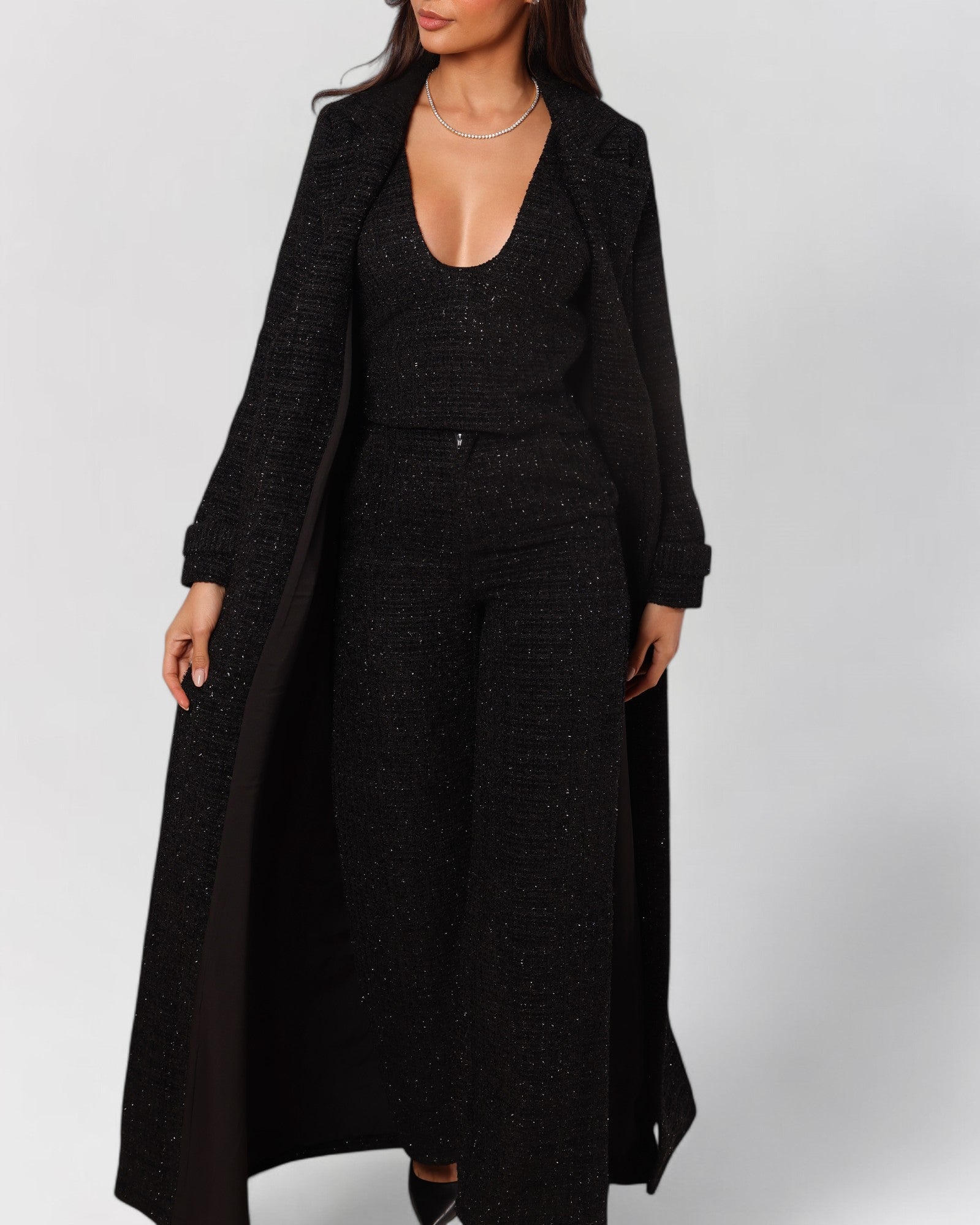 Black tweed long sleeve blazer trench coat