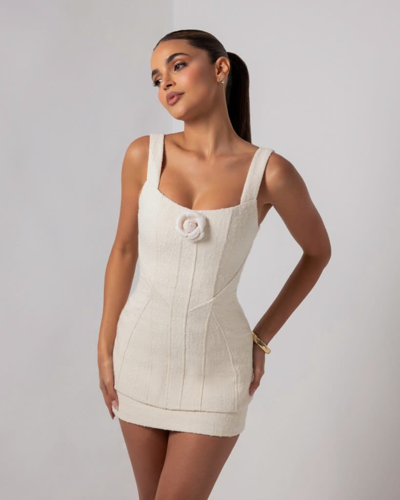 Cream boucle flower mini dress