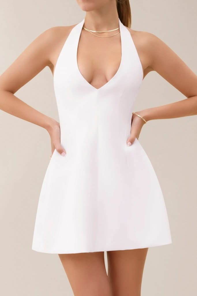 White a-line plunging neckline flare mini dress