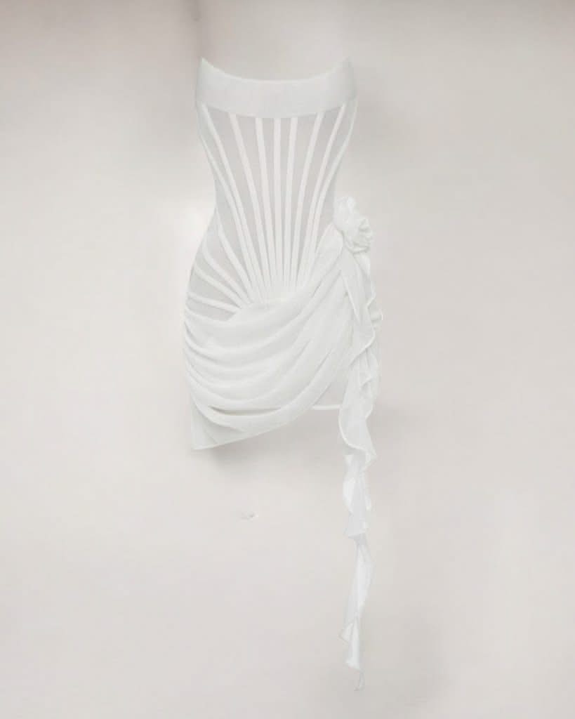 White chiffon mesh corset flower drape mini dress