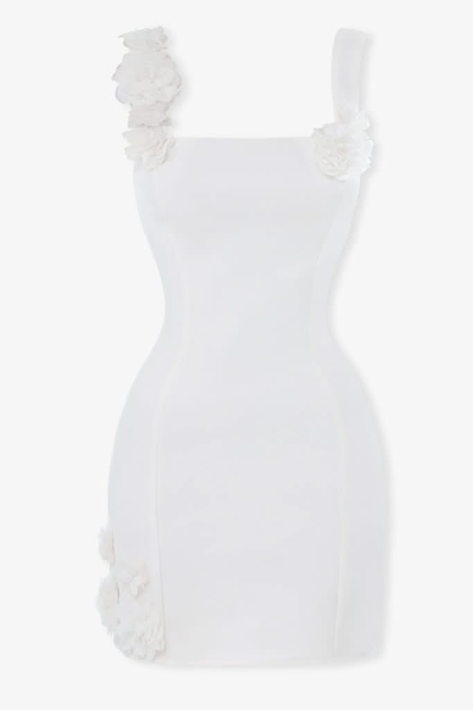 White crepe flower bodycon mini dress