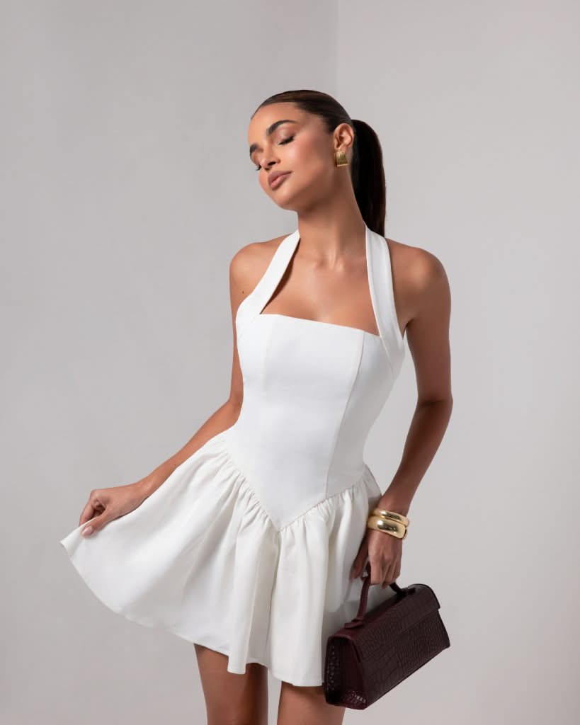 White halter contour a-line mini dress