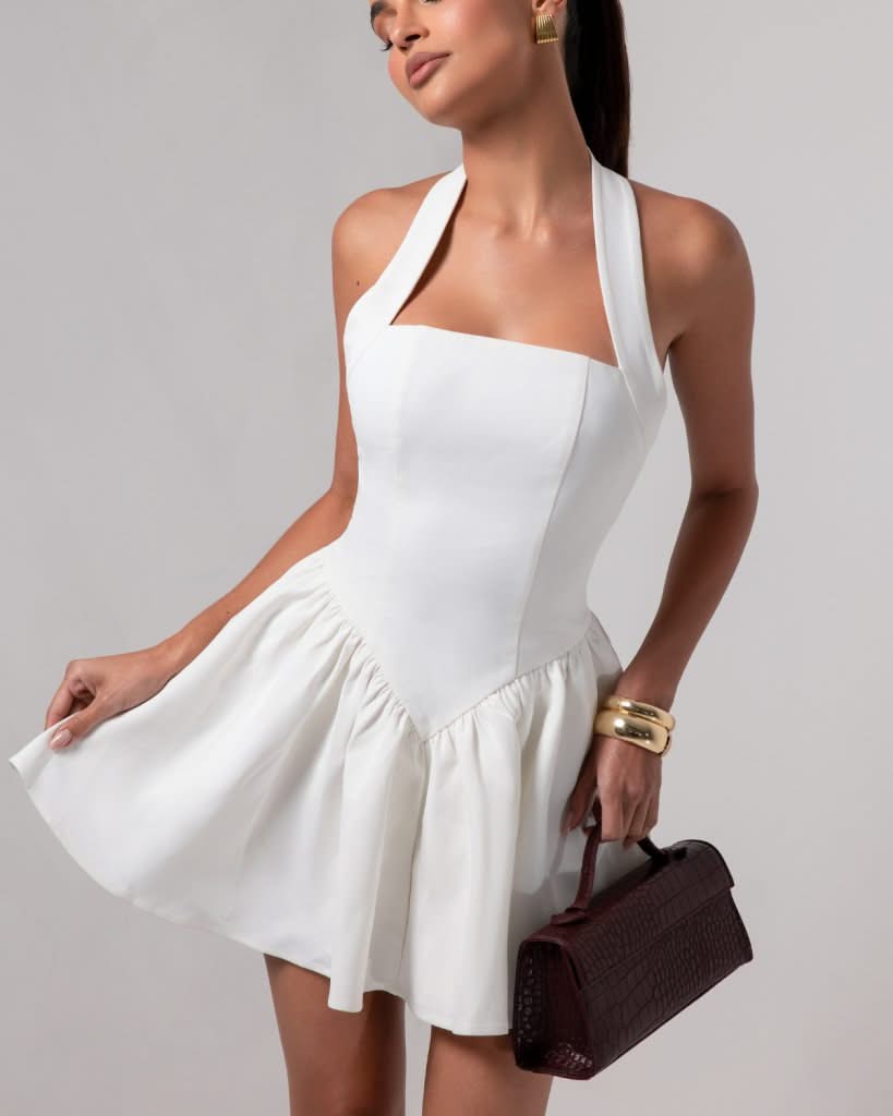 White halter contour a-line mini dress