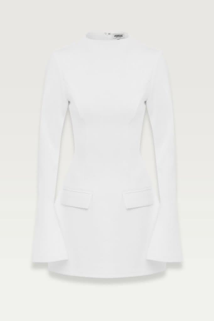 White long sleeve a line pocket mini dress