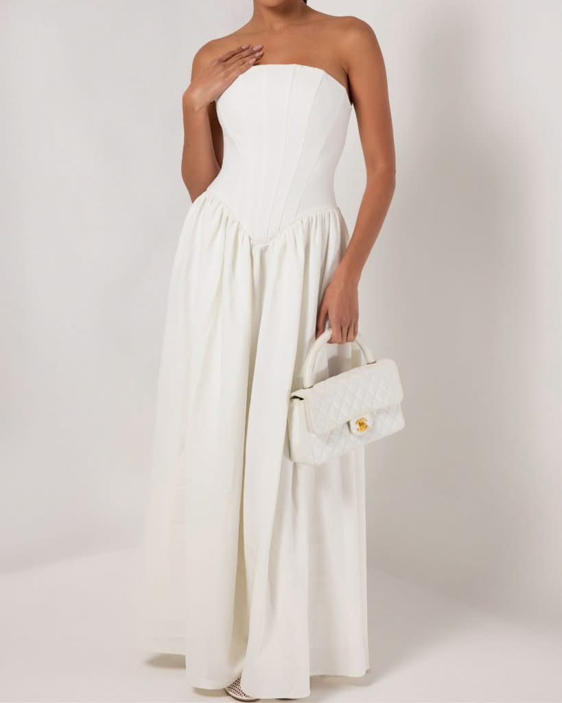 White strapless corset crepe flare maxi dress