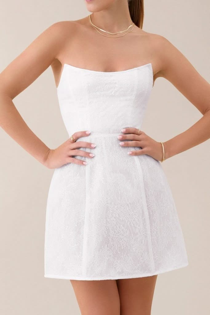 White strapless lace corset a-line mini dress
