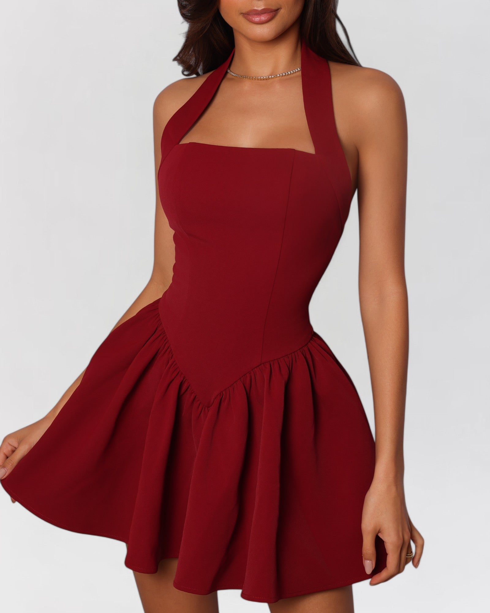Wine red halter contour a-line mini dress