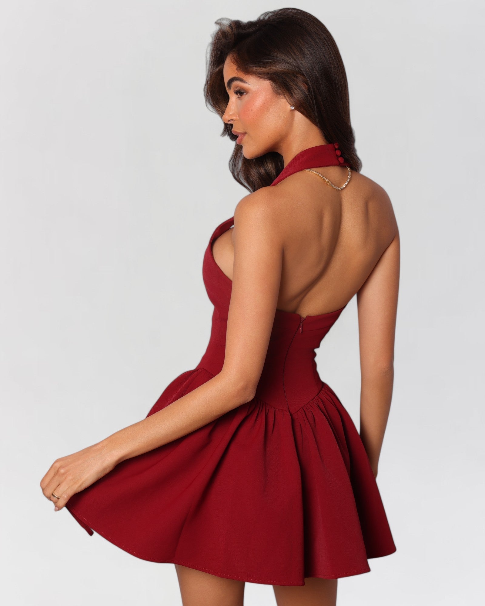 Wine red halter contour a-line mini dress