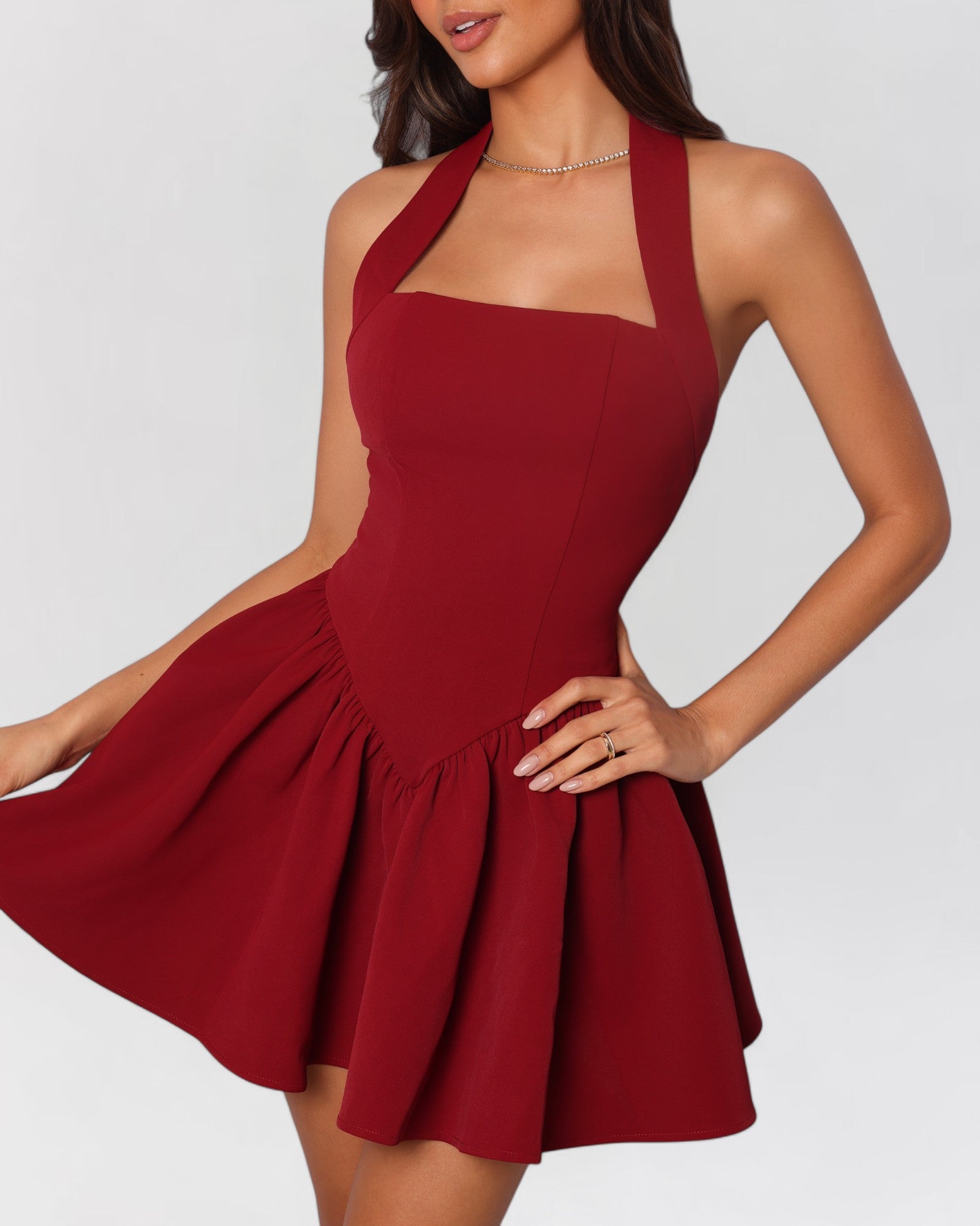 Wine red halter contour a-line mini dress