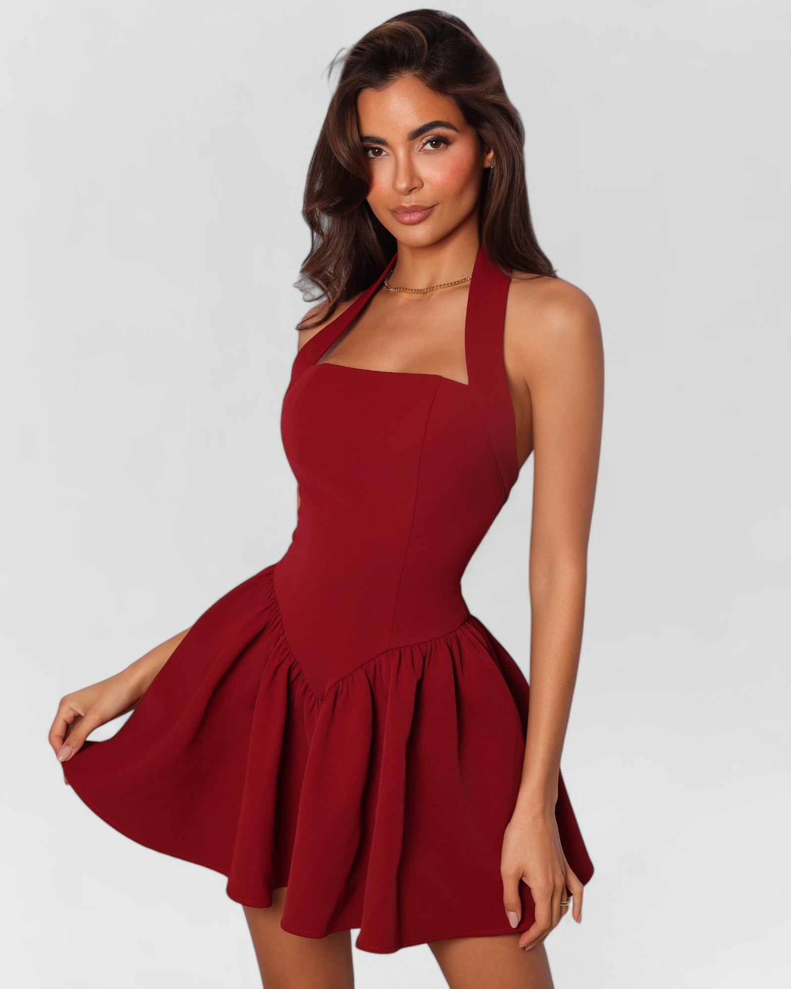 Wine red halter contour a-line mini dress