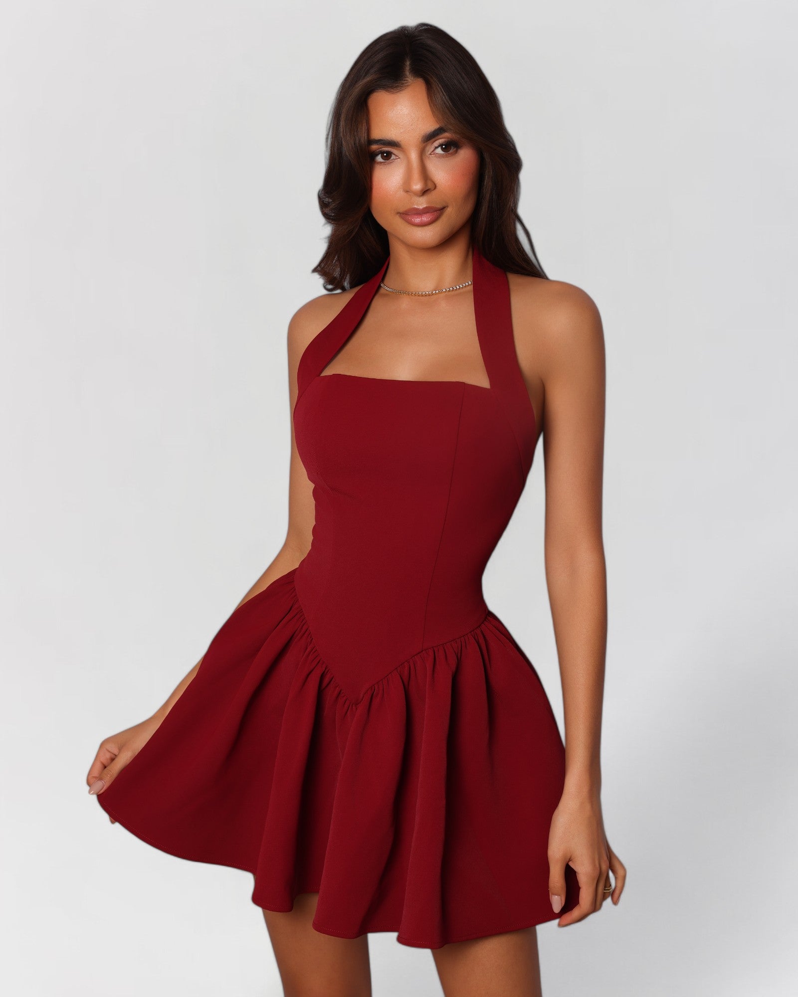 Wine red halter contour a-line mini dress