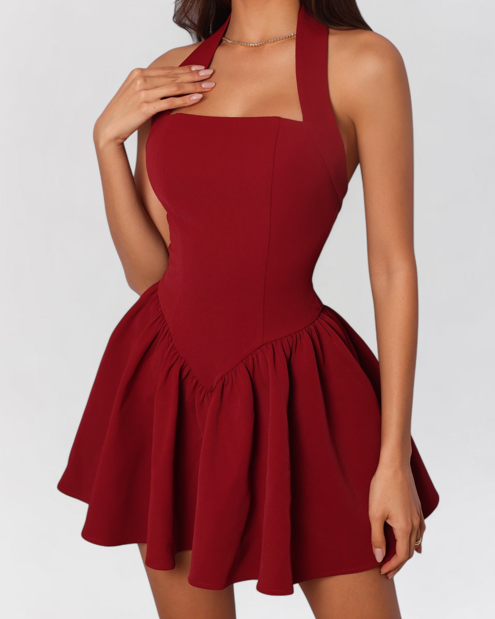 Wine red halter contour a-line mini dress
