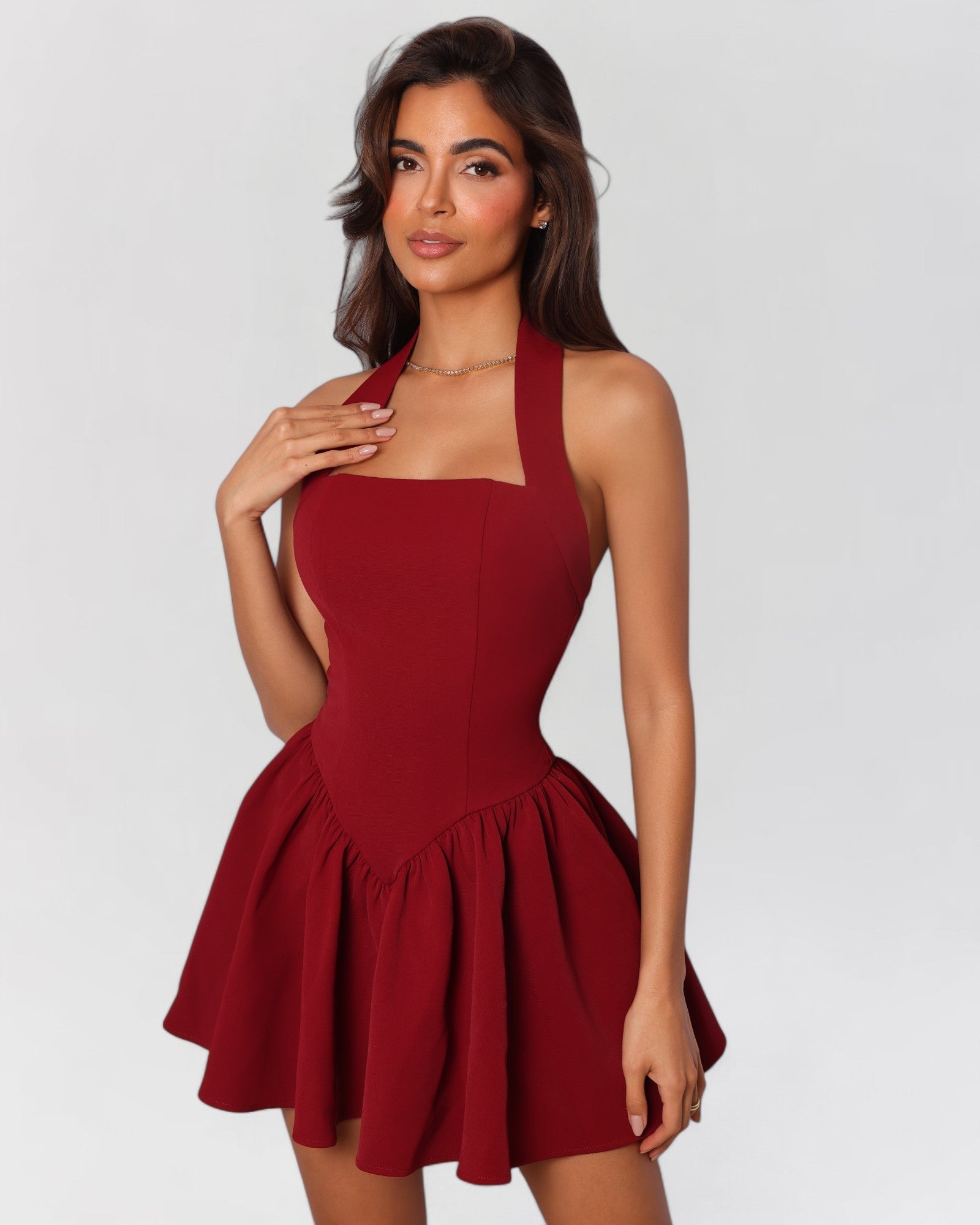 Wine red halter contour a-line mini dress