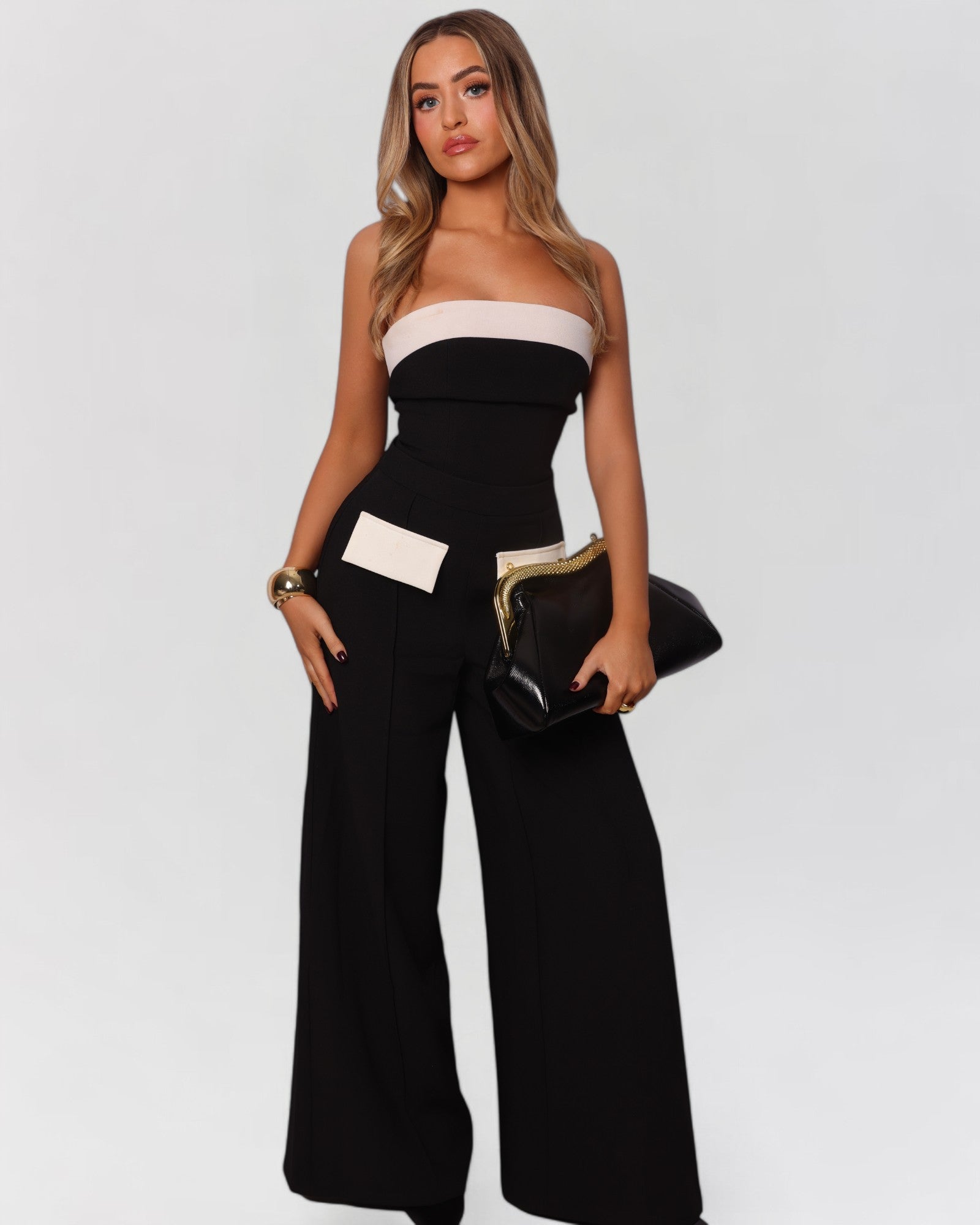Black and white strapless pocket pants