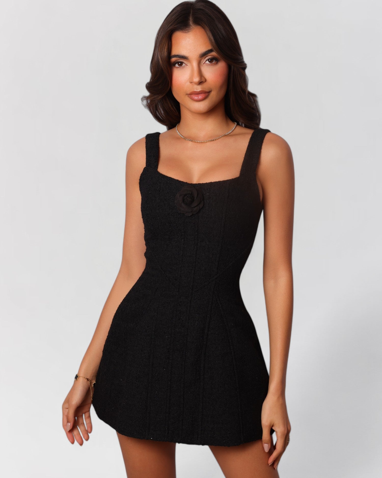 Black boucle flower a-line mini dress