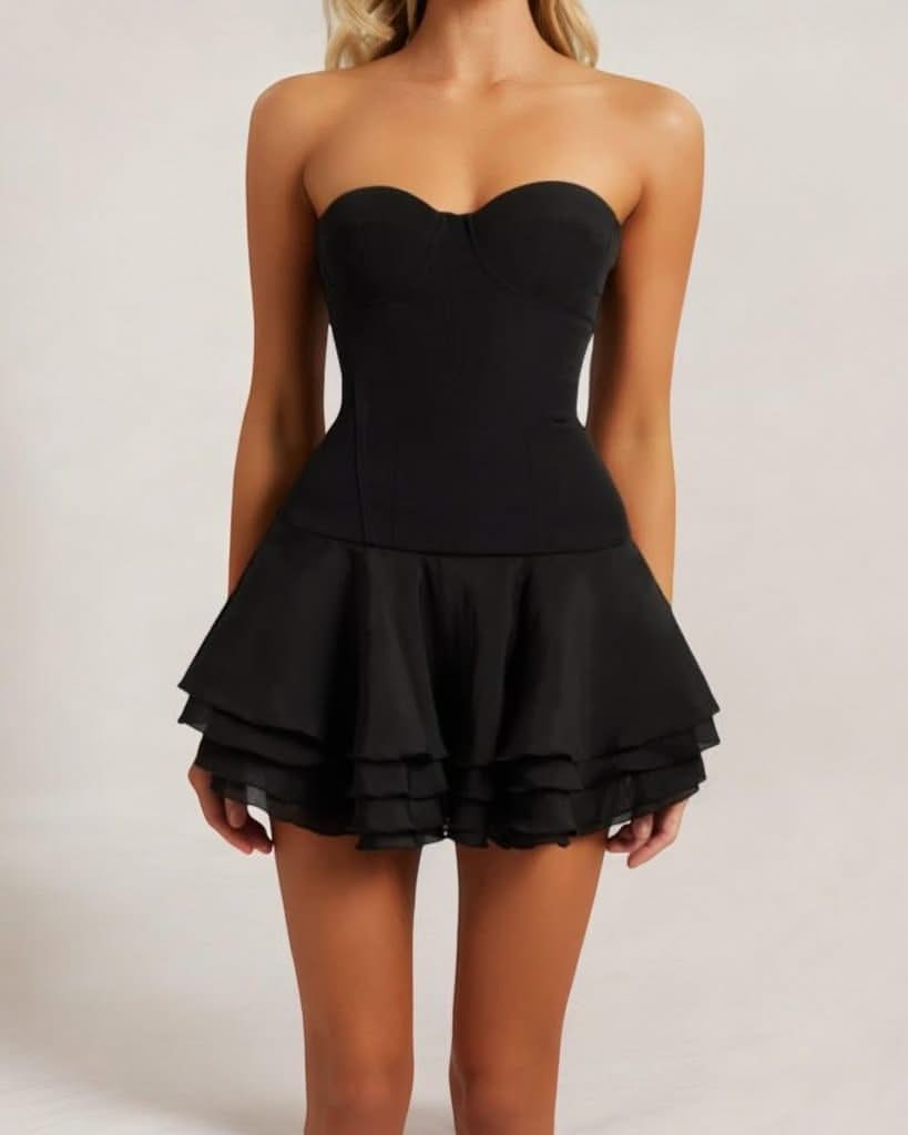 Black corset chiffon flared mini dress