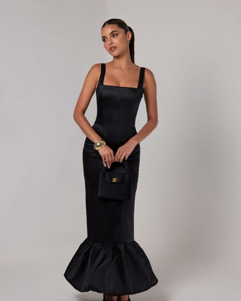 Black corset sheen maxi bubble dress