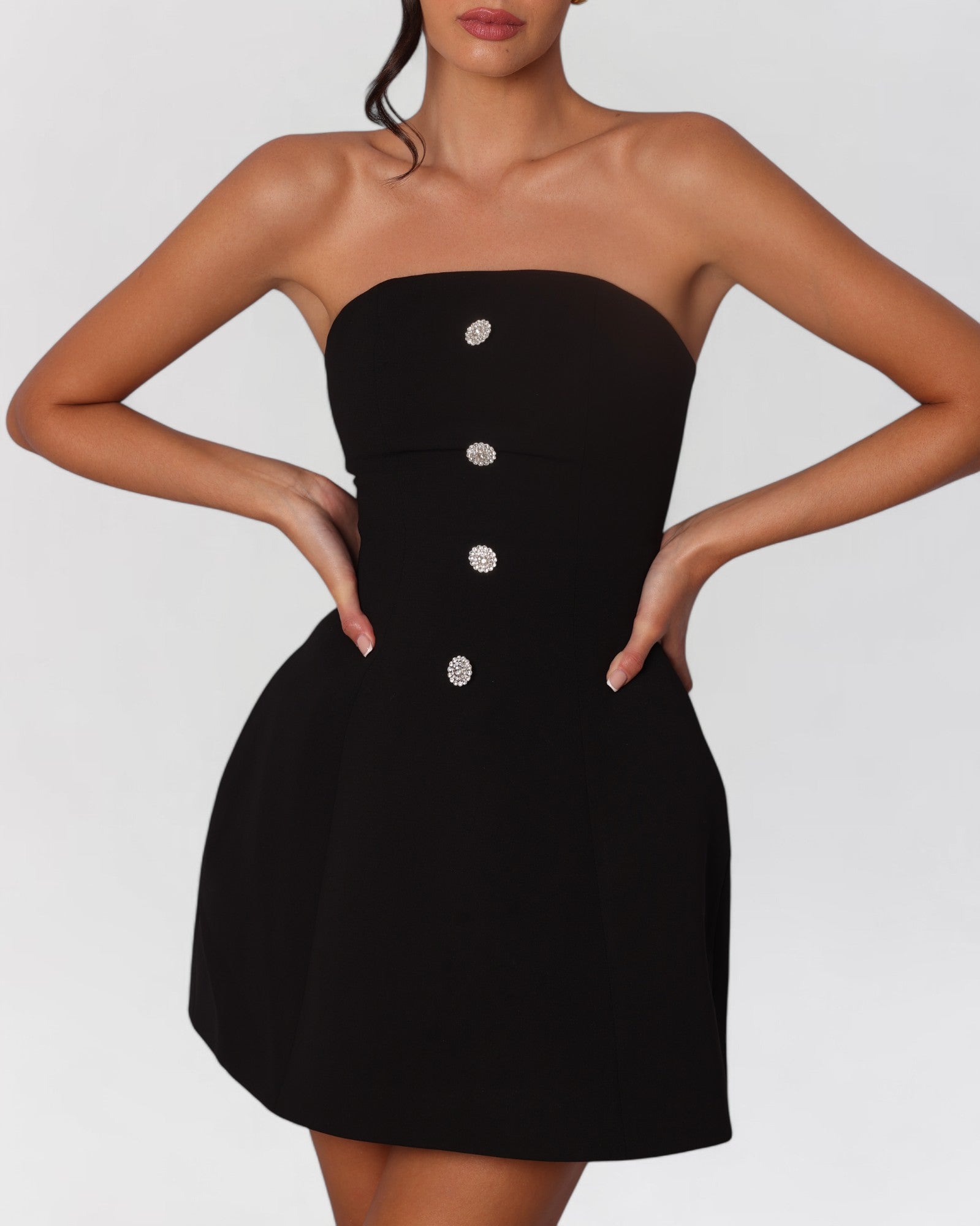 Black crystal button a-line mini dress