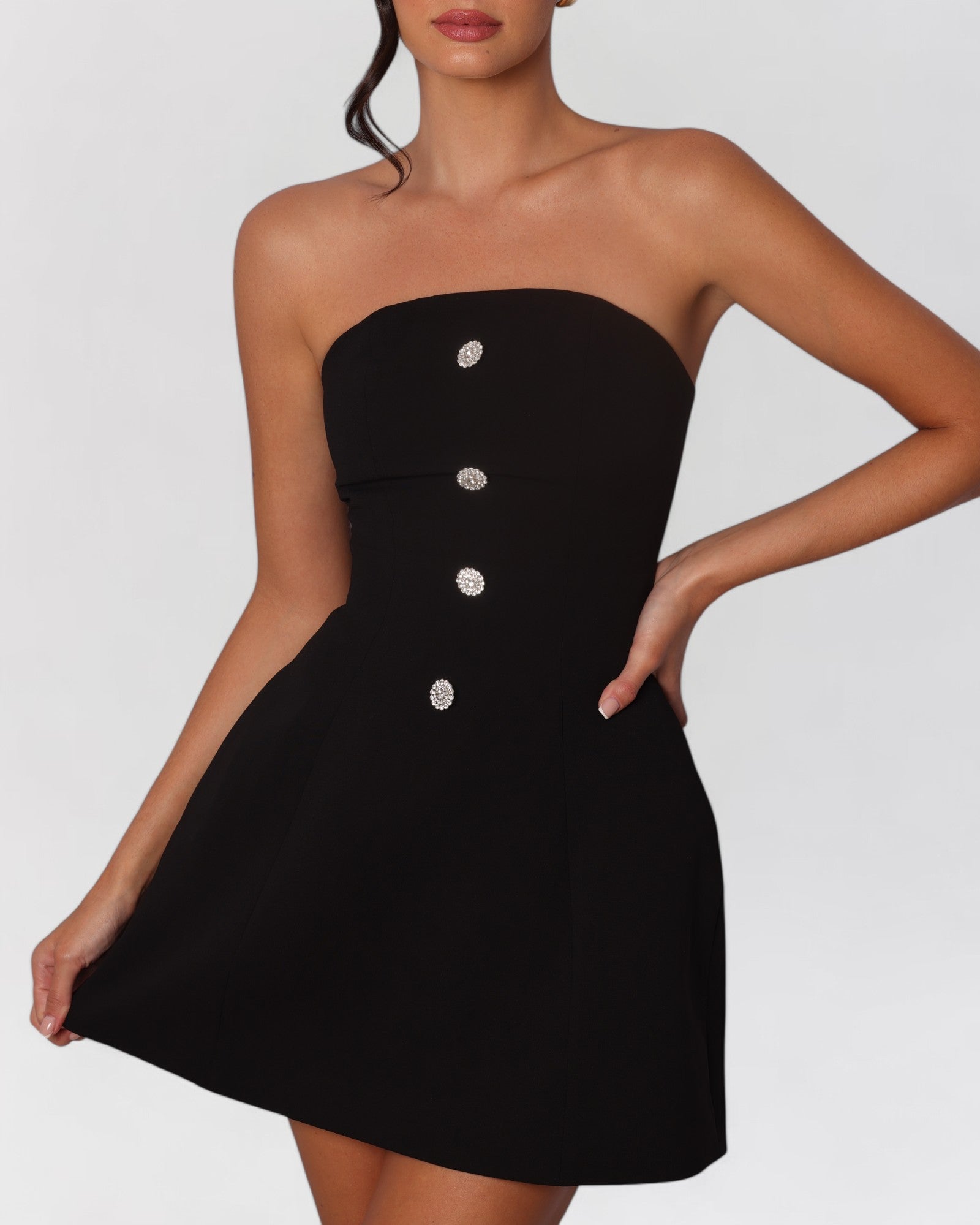 Black crystal button a-line mini dress