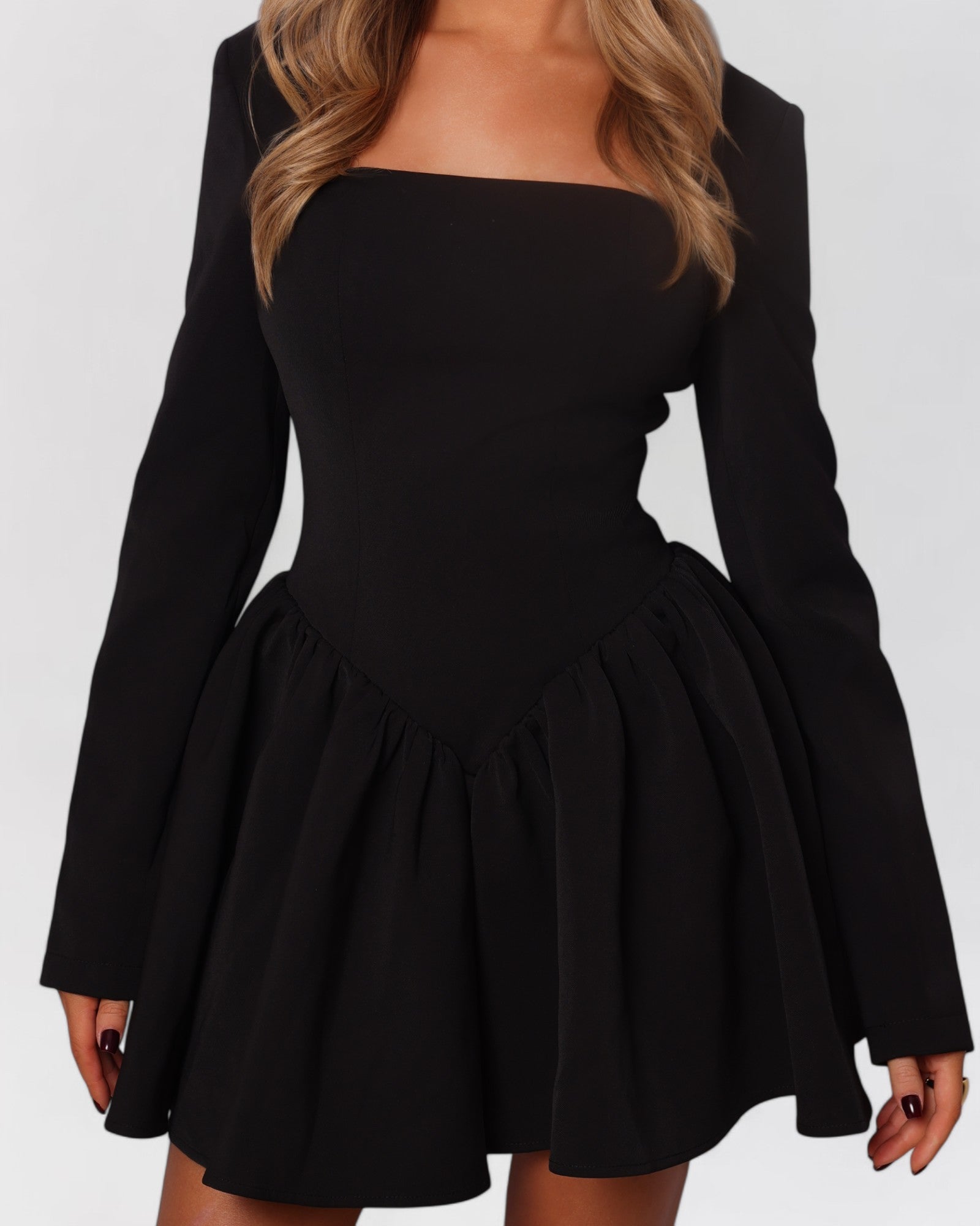 Black long sleeve contour a-line mini dress